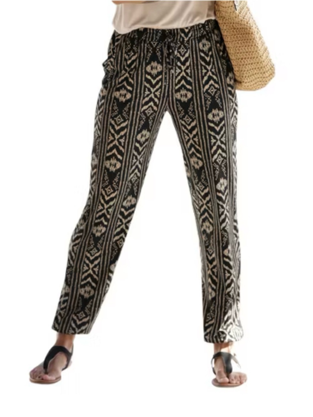 Lascana Relaxed Tribal-Print Drawstring Pants - Black & Cream